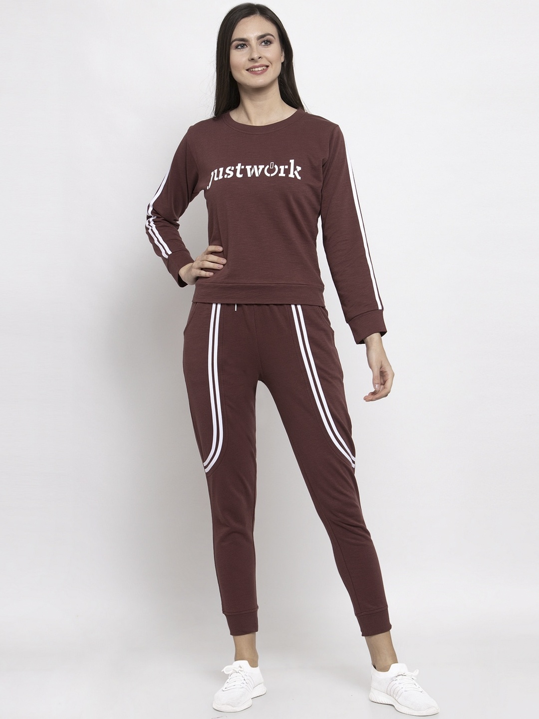

Boston Club Women Coffee-Brown & White Solid Tracksuit