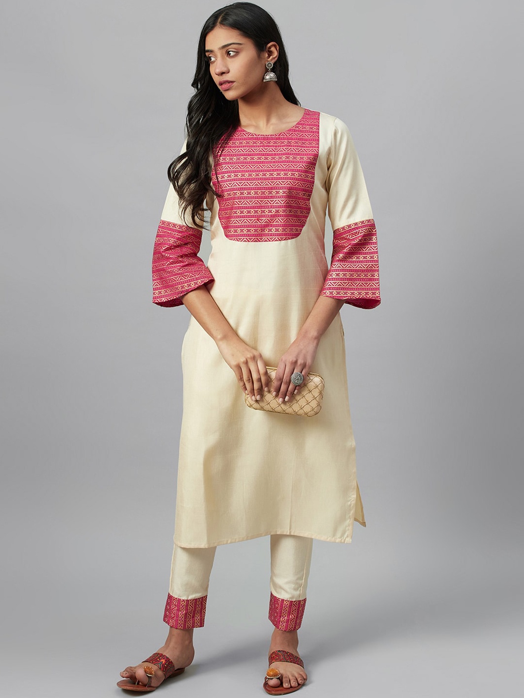 

ZIYAA Women Cream-Coloured & Pink Yoke Design Straight Kurta