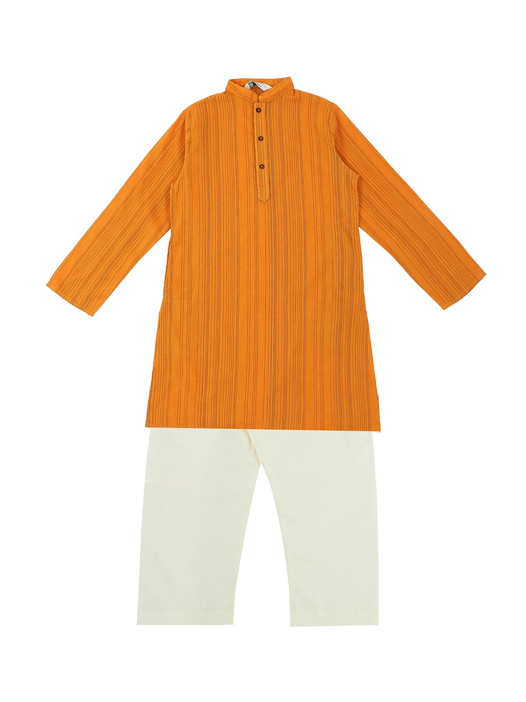 

indus route by Pantaloons Boys Mustard Yellow Striped Pure Cotton Kurta with Pyjamas