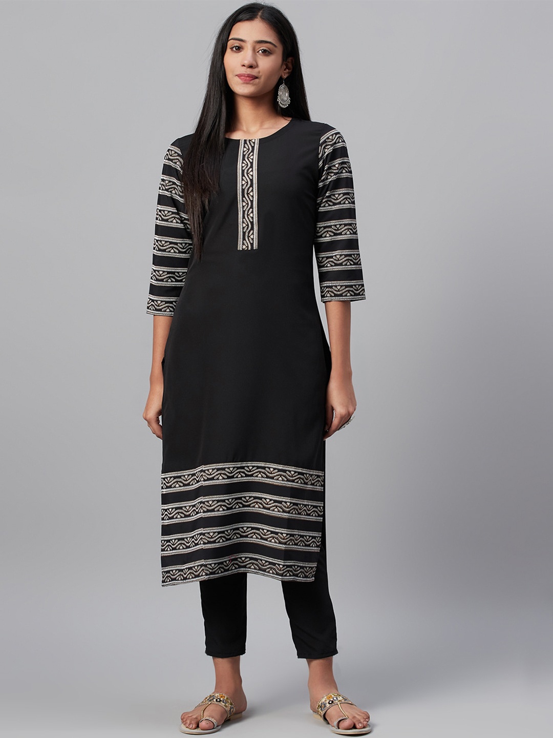 

ZIYAA Women Black Printed Straight Kurta