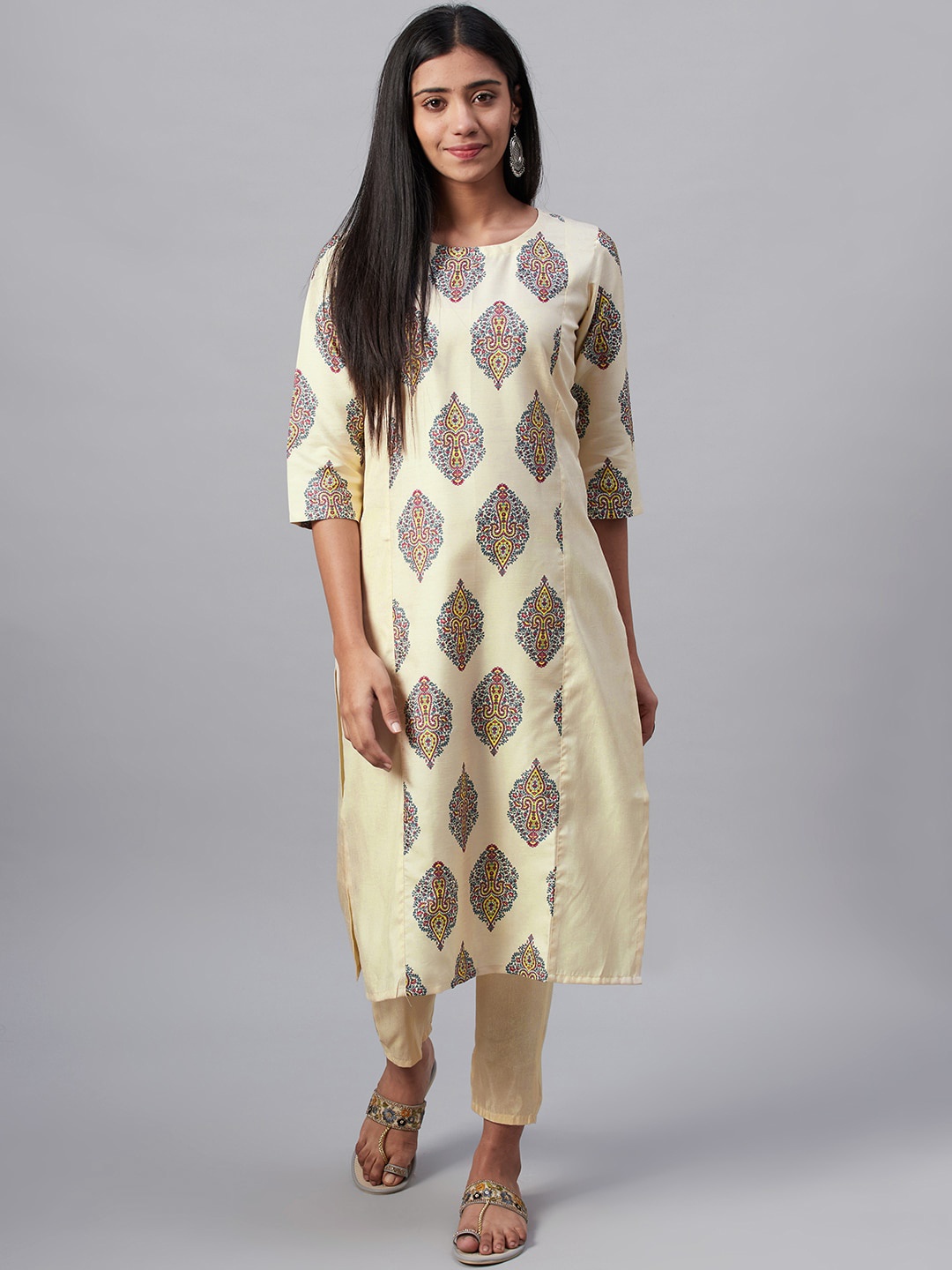 

ZIYAA Women Cream-Coloured Printed Straight Kurta
