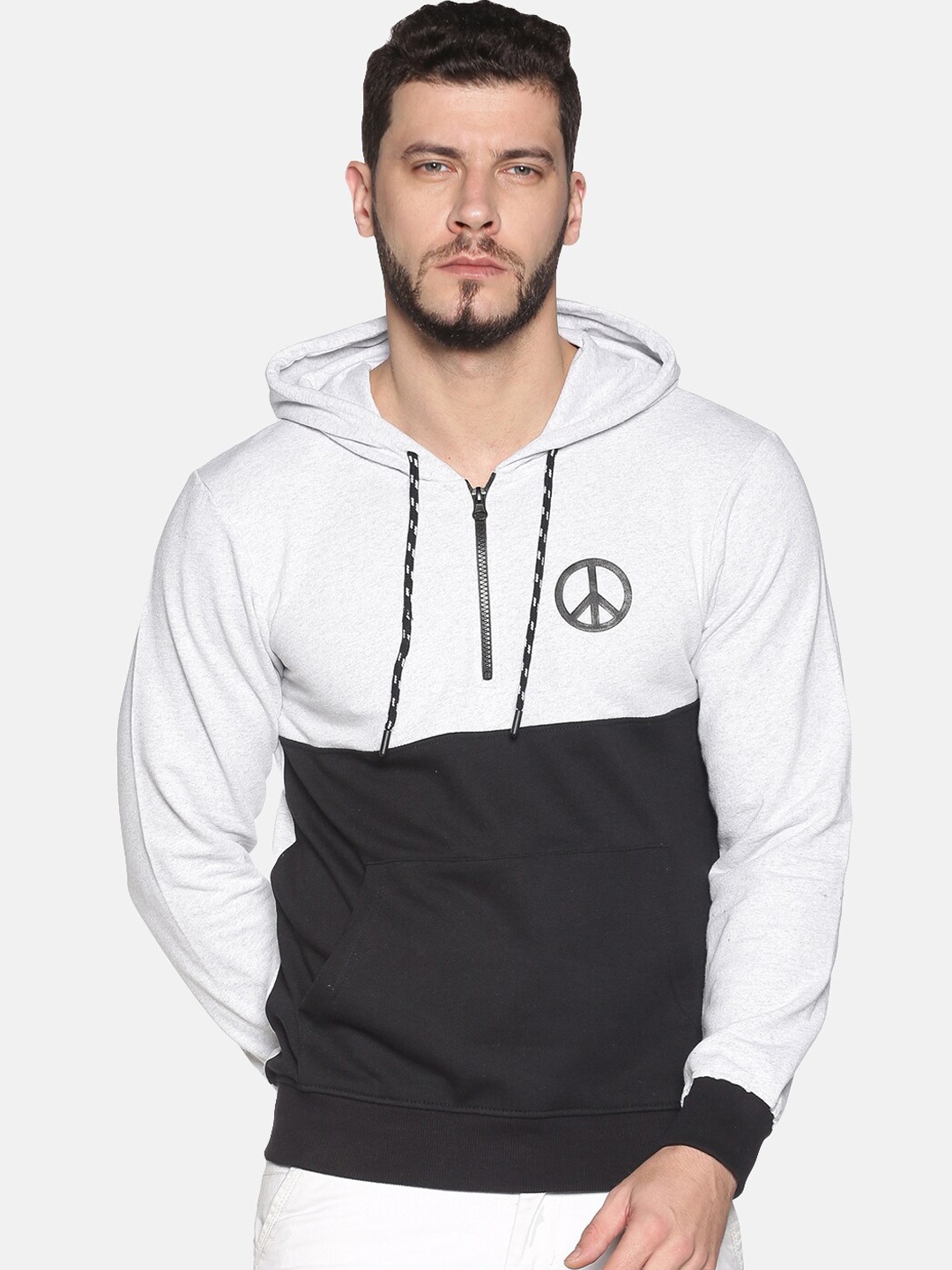 

Chennis Men Black & Grey Colourblocked Cotton Hooded Sweatshirt