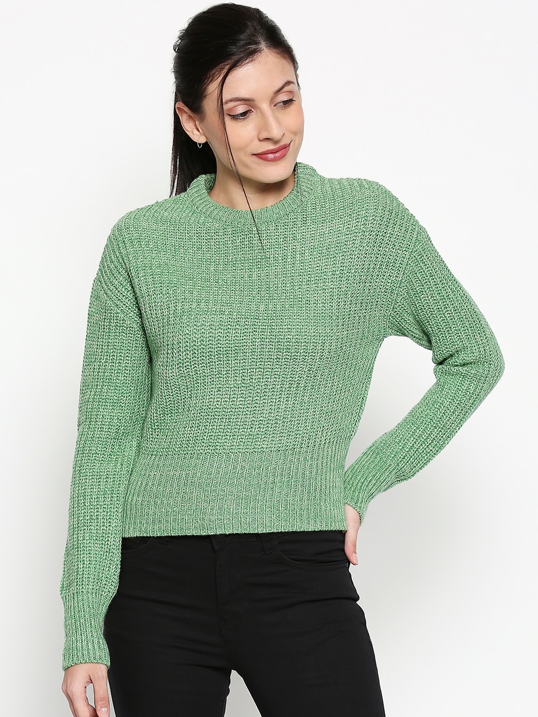 

People Women Green Ribbed Pullover