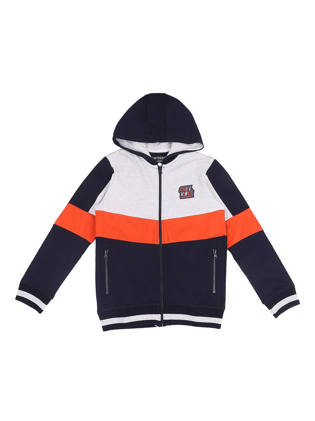 

Pantaloons Junior Boys Navy Blue & White Colourblocked Cotton Hooded Sweatshirt