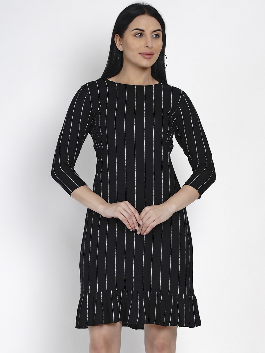 

FABNEST Women Black Striped A-Line Dress