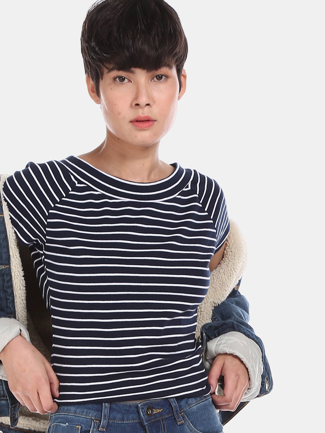 

U.S. Polo Assn. Women Navy Blue & White Striped Round Neck T-shirt
