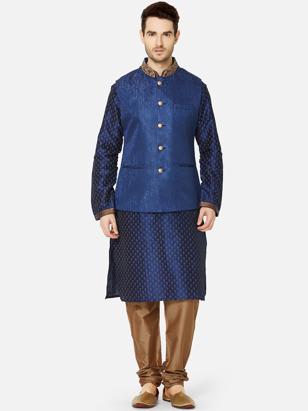 

Ethnicity Men Navy Blue & Brown Printed Kurta with Churidar