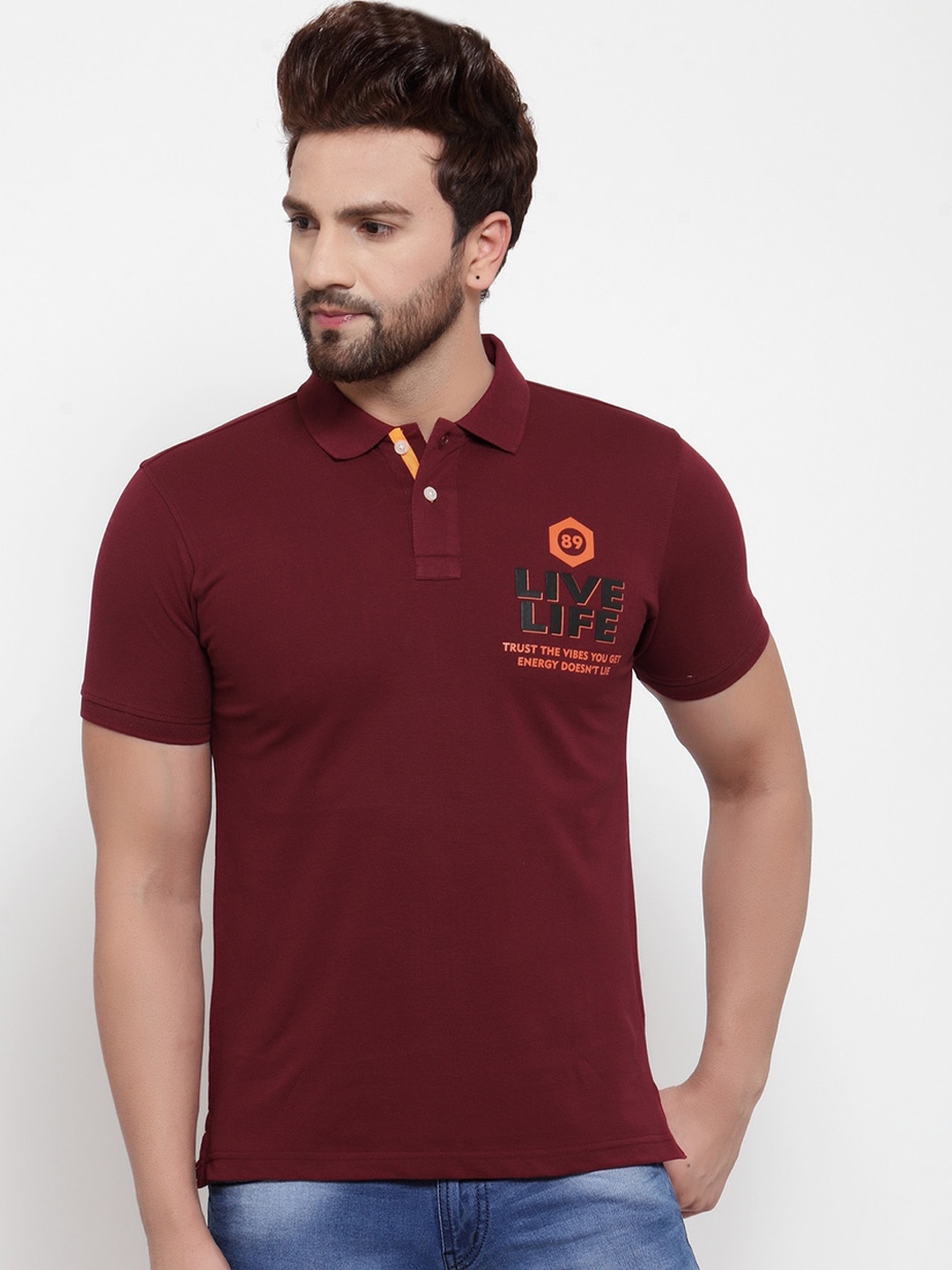 

Cantabil Men Maroon Printed Polo Collar T-shirt