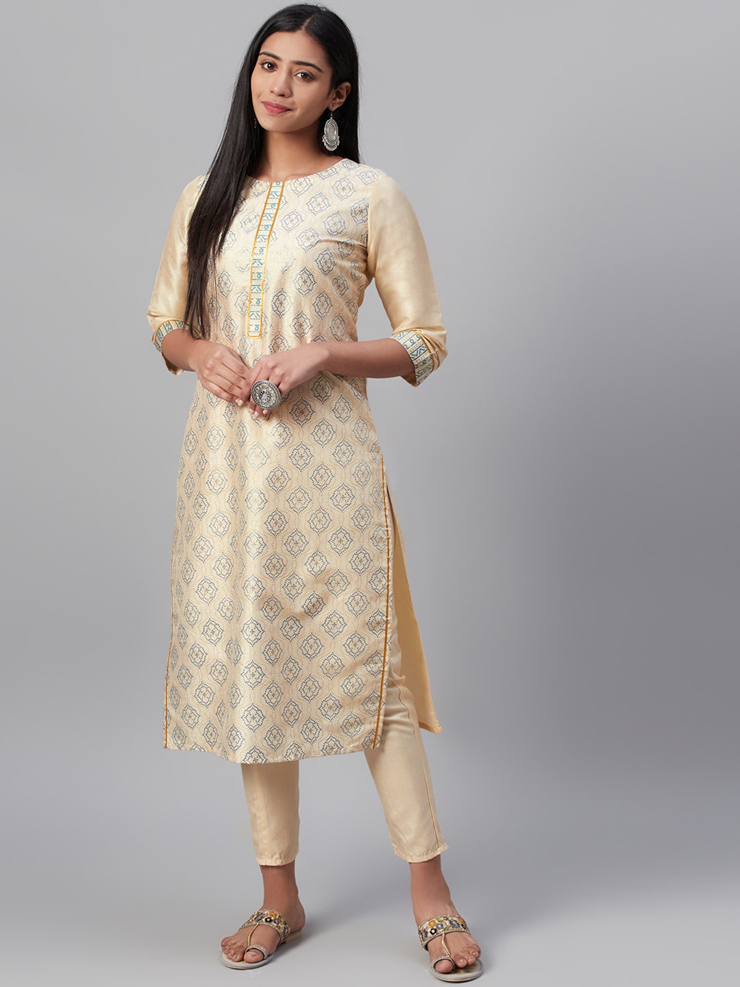 

ZIYAA Women Cream-Coloured Printed A-Line Kurta