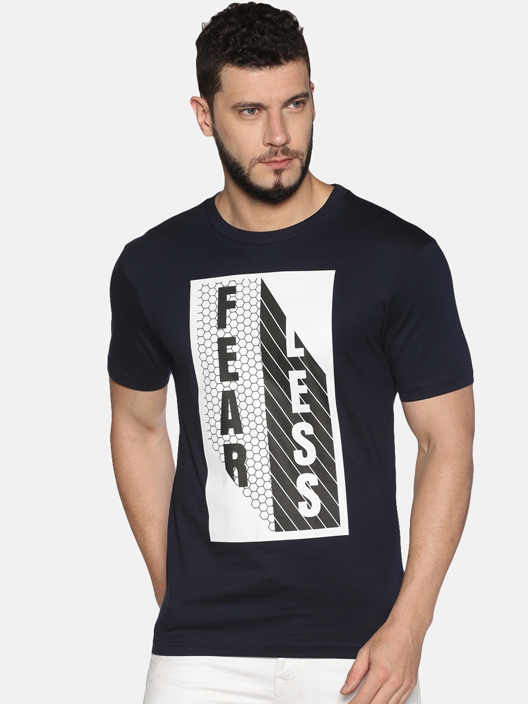 

UrGear Men Navy Blue Printed Round Neck Pure Cotton T-shirt