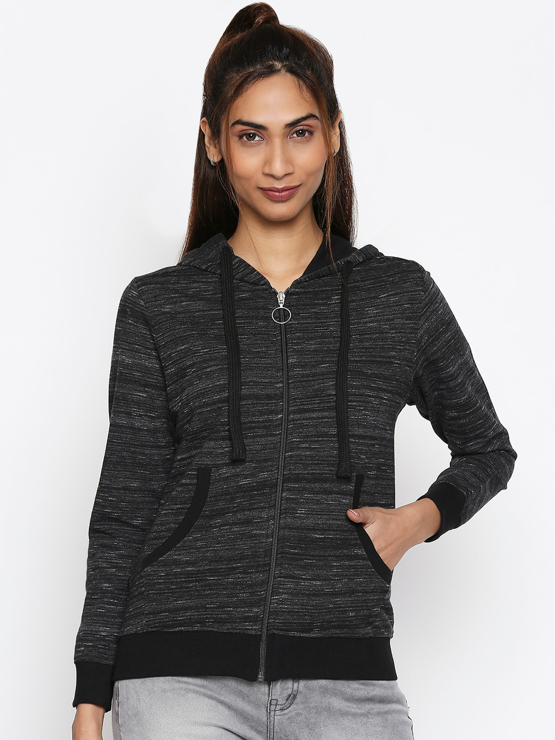 

People Women Black Self Design Sweatshirt