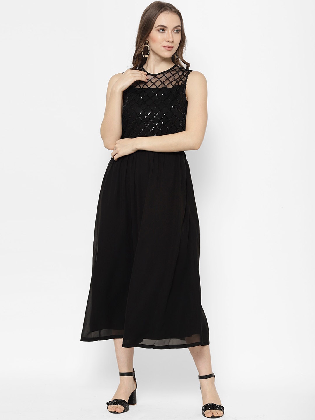 

HOUSE OF KKARMA Women Black Self Design Sequinned Fit and Flare Dress