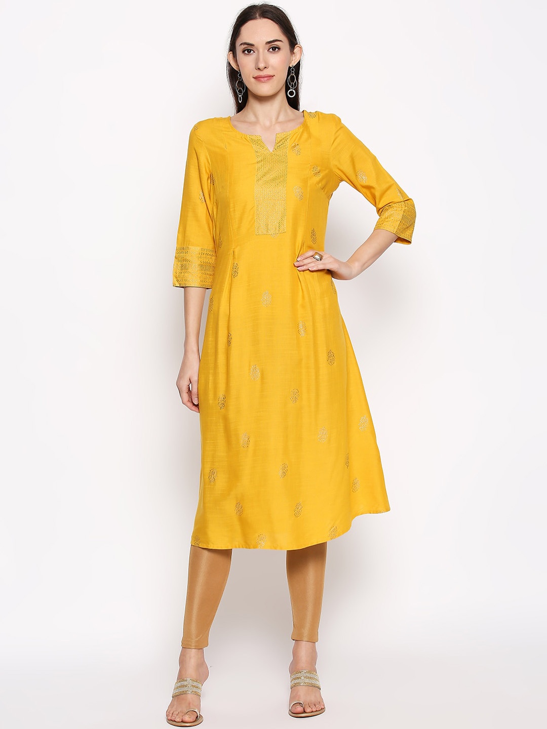 

RANGMANCH BY PANTALOONS Women Mustard & Gold-Toned Printed A-Line Kurta
