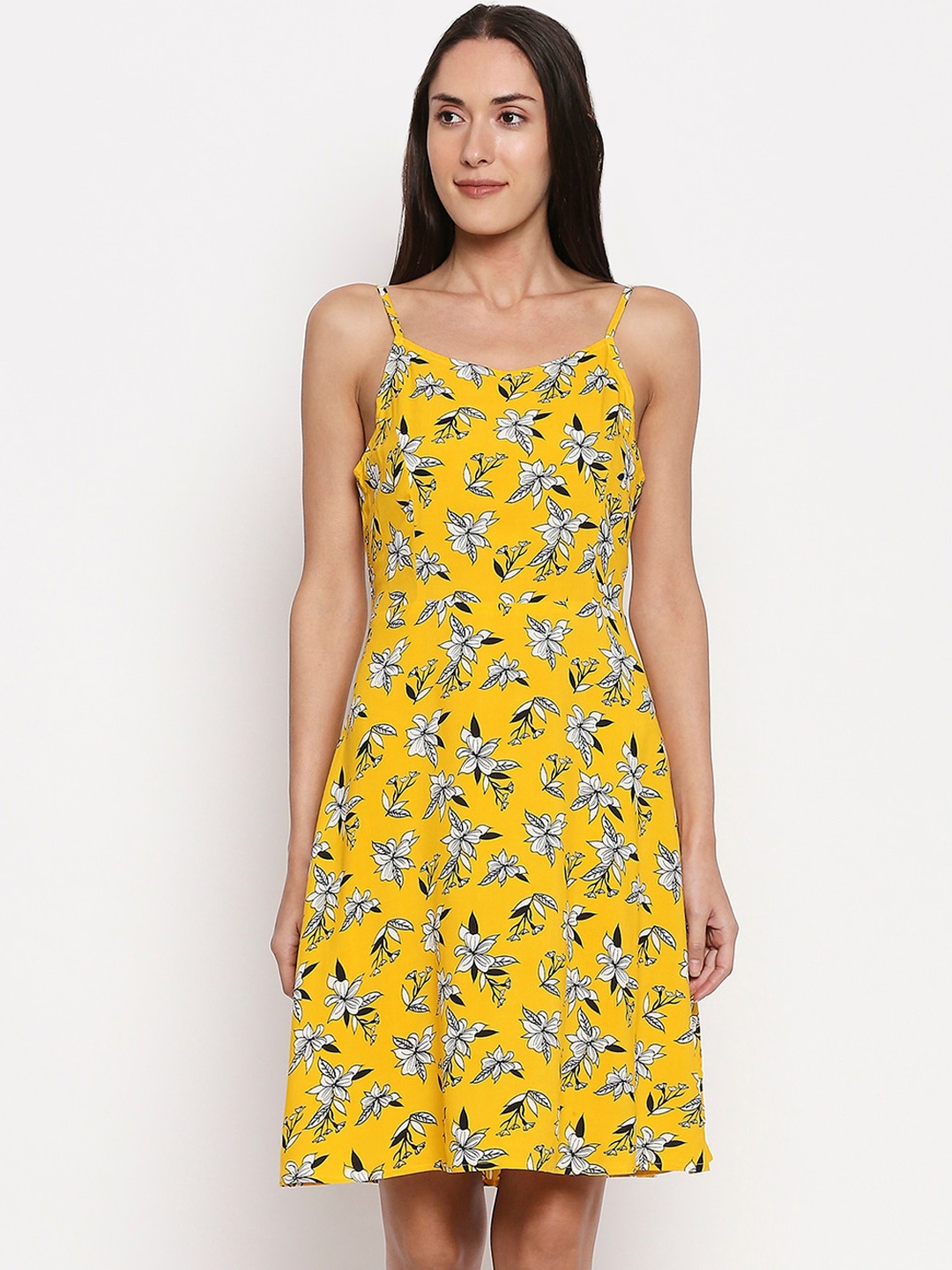 

People Women Yellow Floral Printed Fit and Flare Dress
