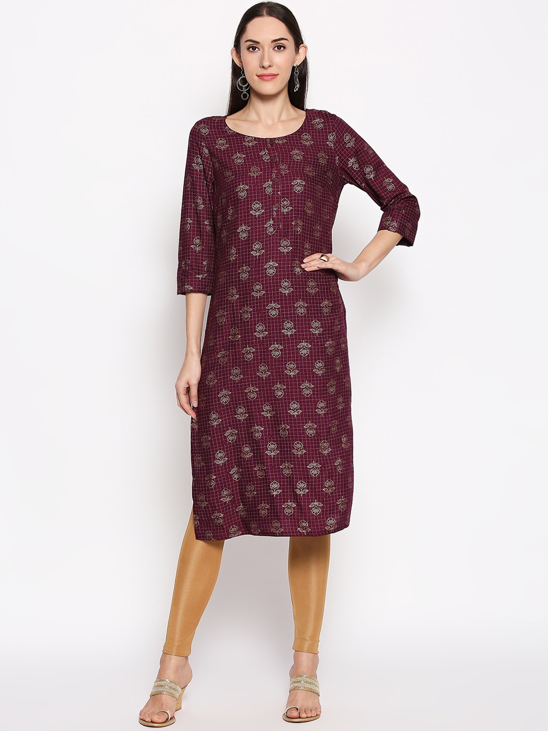 

RANGMANCH BY PANTALOONS Women Maroon & Gold-Toned Printed Straight Kurta