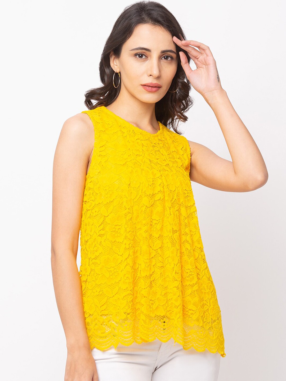 

Globus Women Yellow Self Design A-Line Top