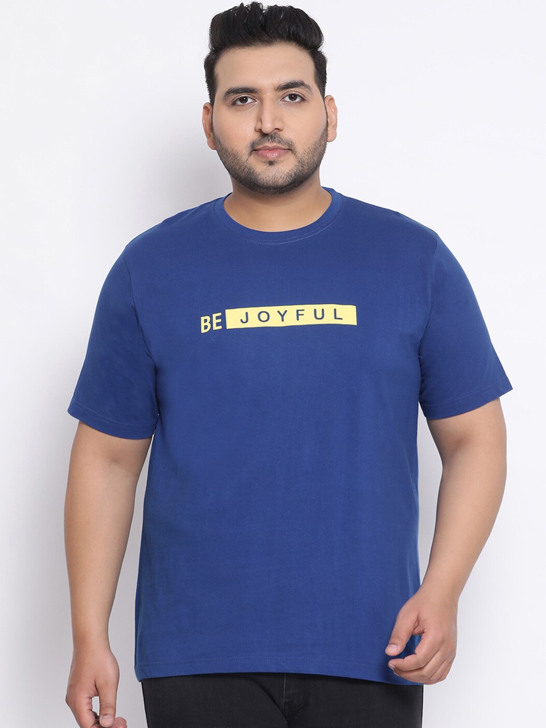 

YOLOCLAN Plus Size Men Blue Printed Cotton Round Neck T-shirt