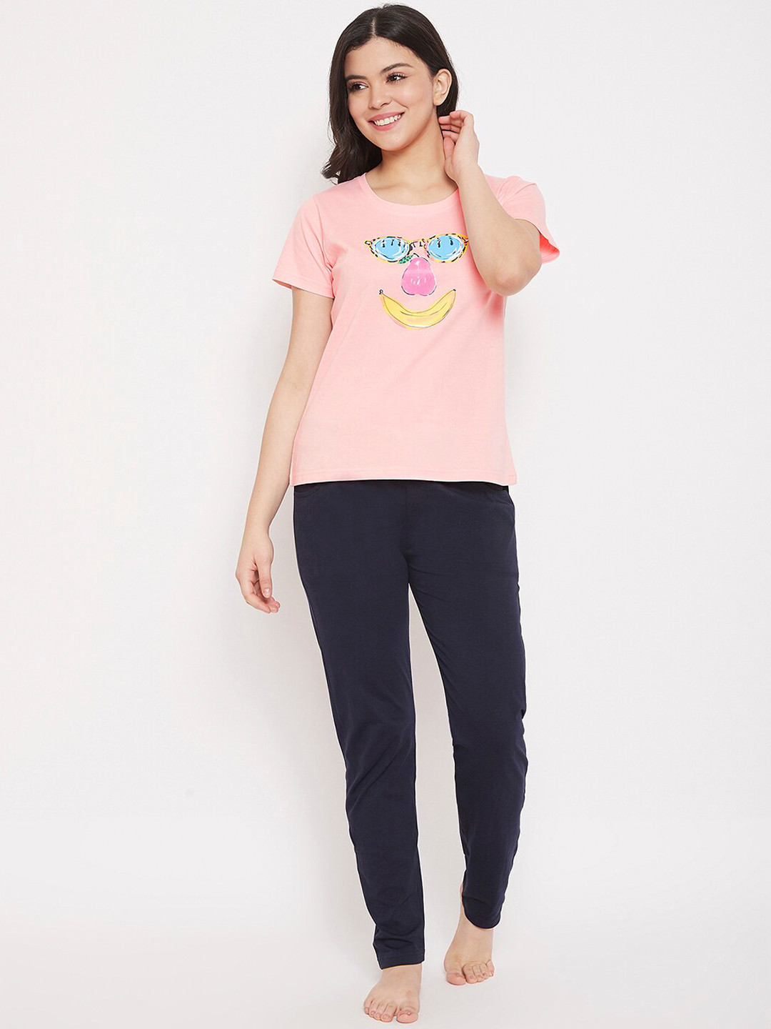 

Clovia Women Peach-Coloured & Navy Blue Graphic Printed Pure Cotton Night Suit