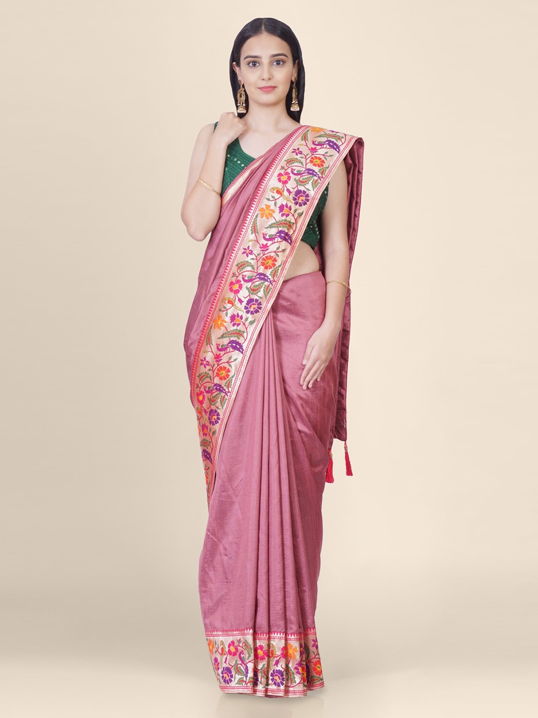 

Hastakala Pink & Cream-Coloured Poly Silk Solid Tussar Saree