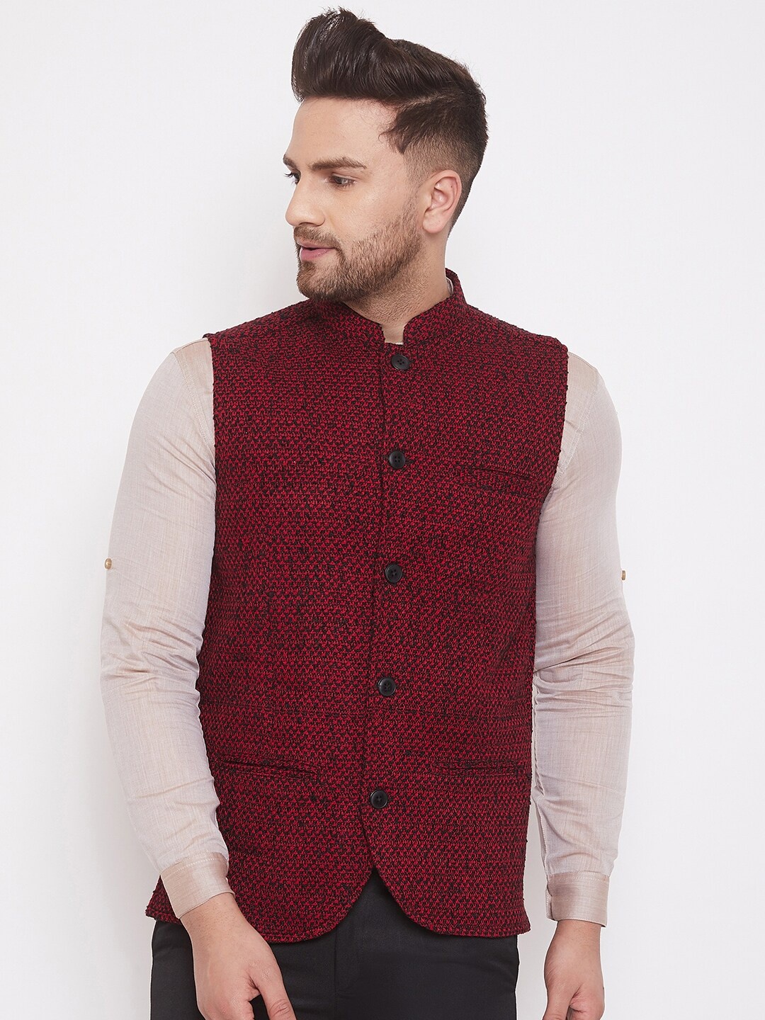 

even Men Maroon Woven Design Nehru Jacket