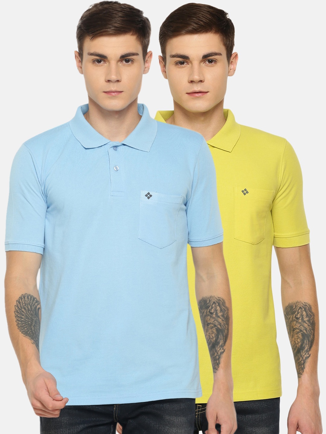 

Dollar Men Turquoise Blue & Yellow Solid Polo Collar T-shirts