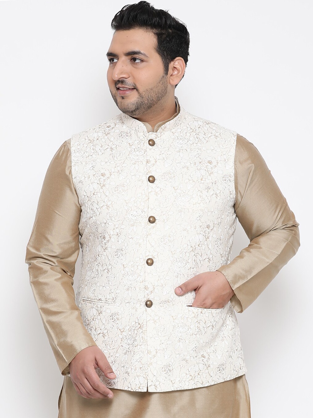

KISAH Men Printed Zari Regular Fit Nehru Jacket, Cream