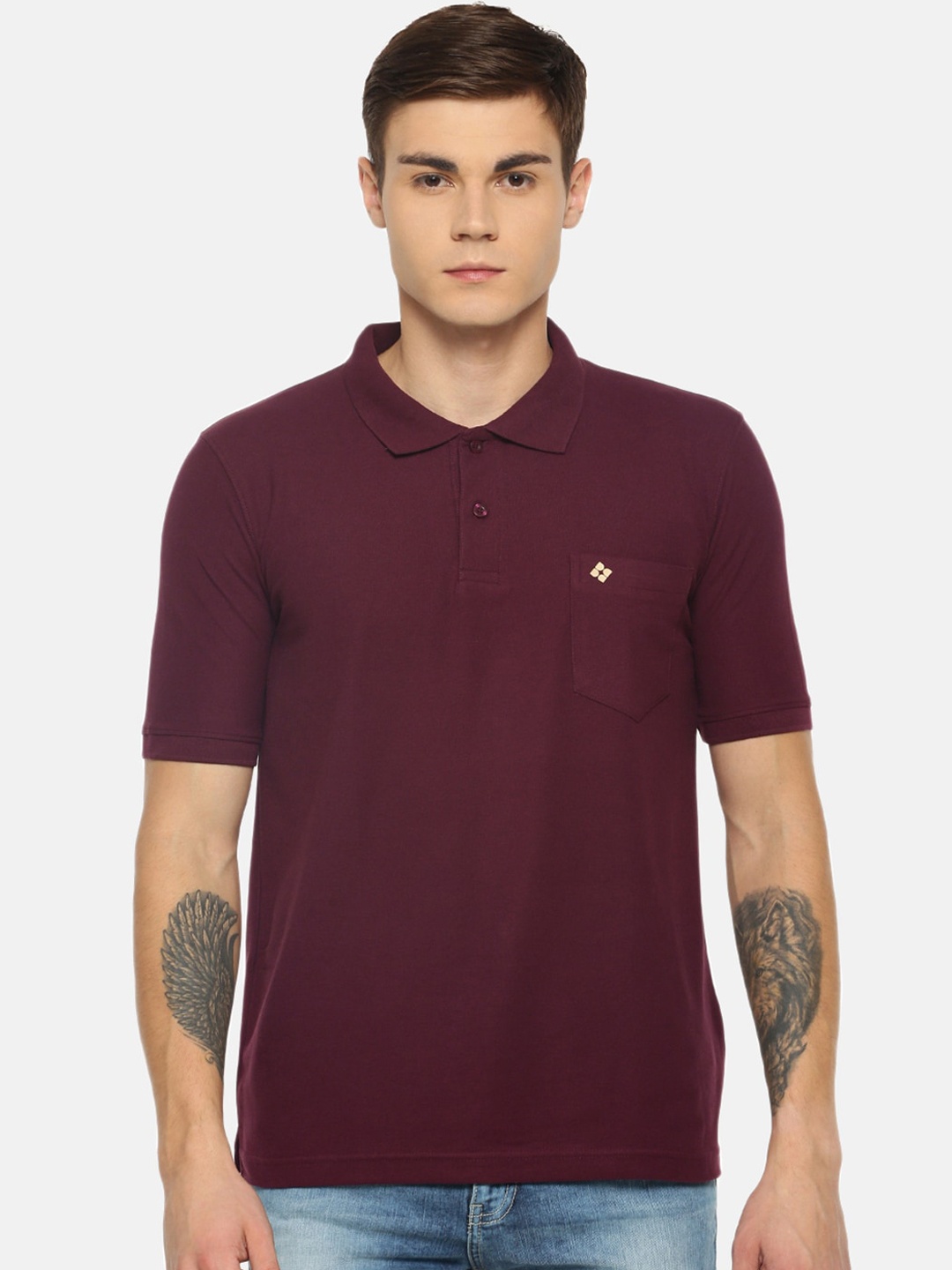 Dollar Men Maroon Solid Polo Collar T-shirt