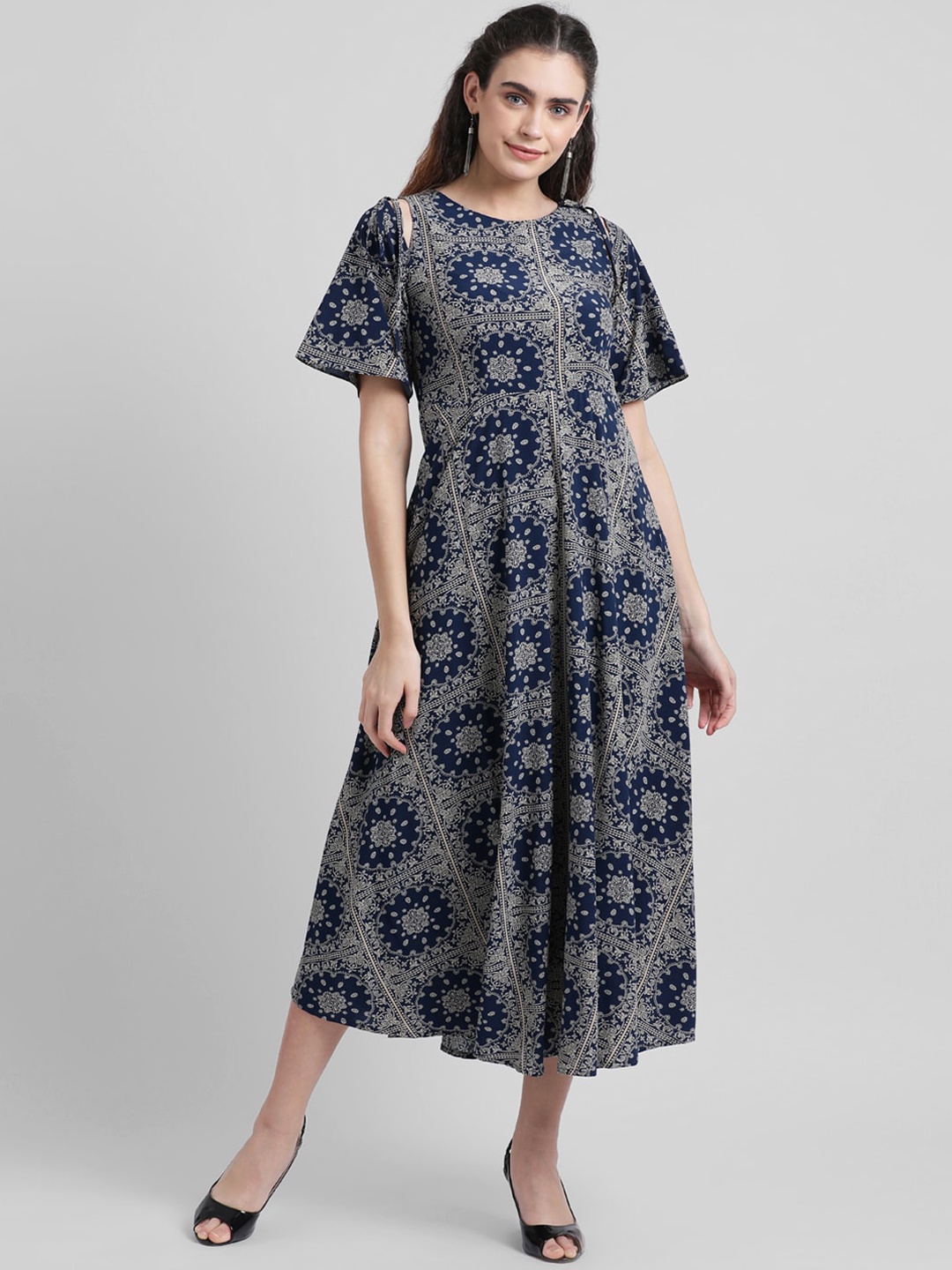 

Zink London Women Navy Blue Printed Fit and Flare Dress