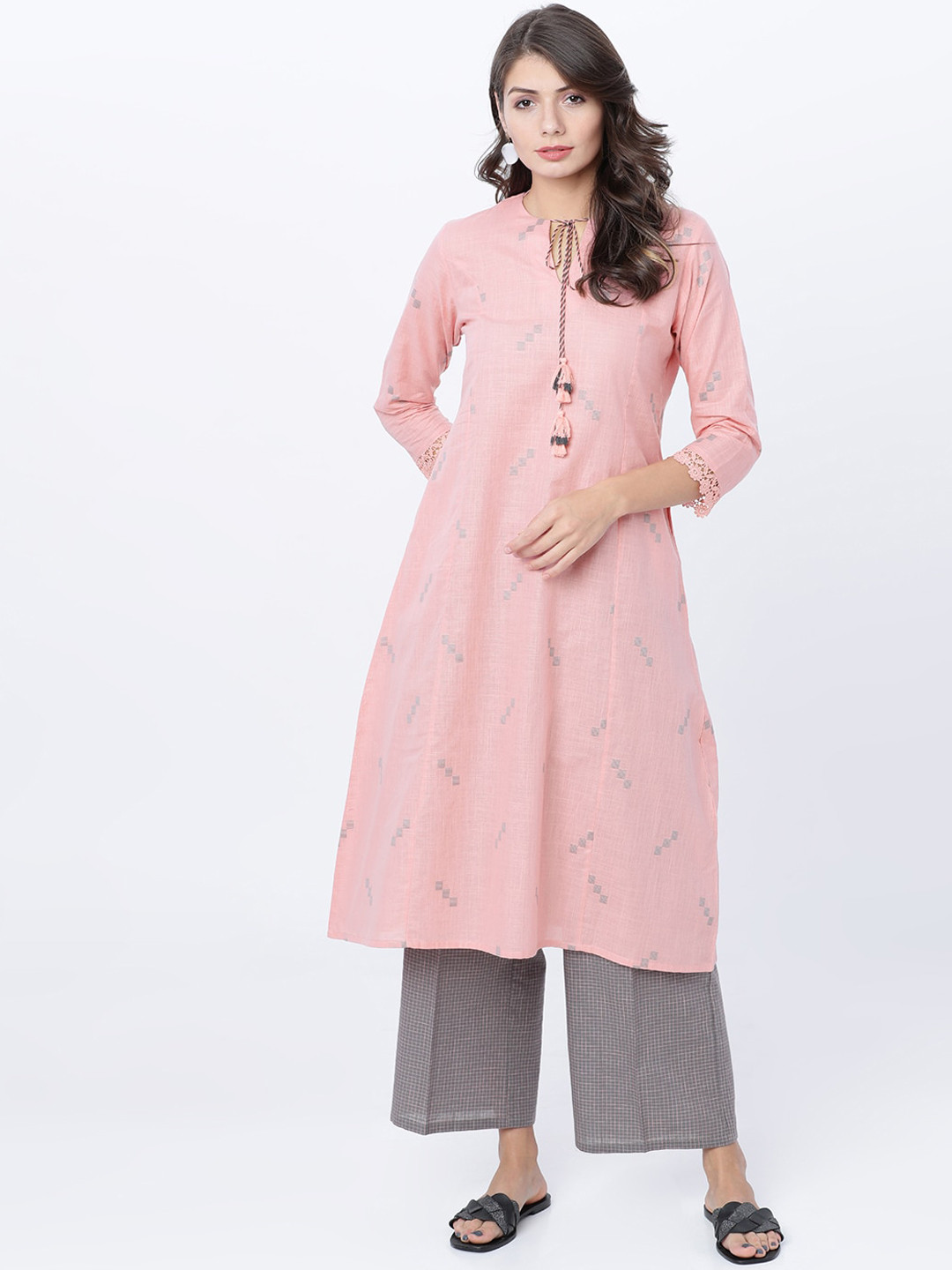 

Vishudh Women Pink Woven Design A-Line Kurta