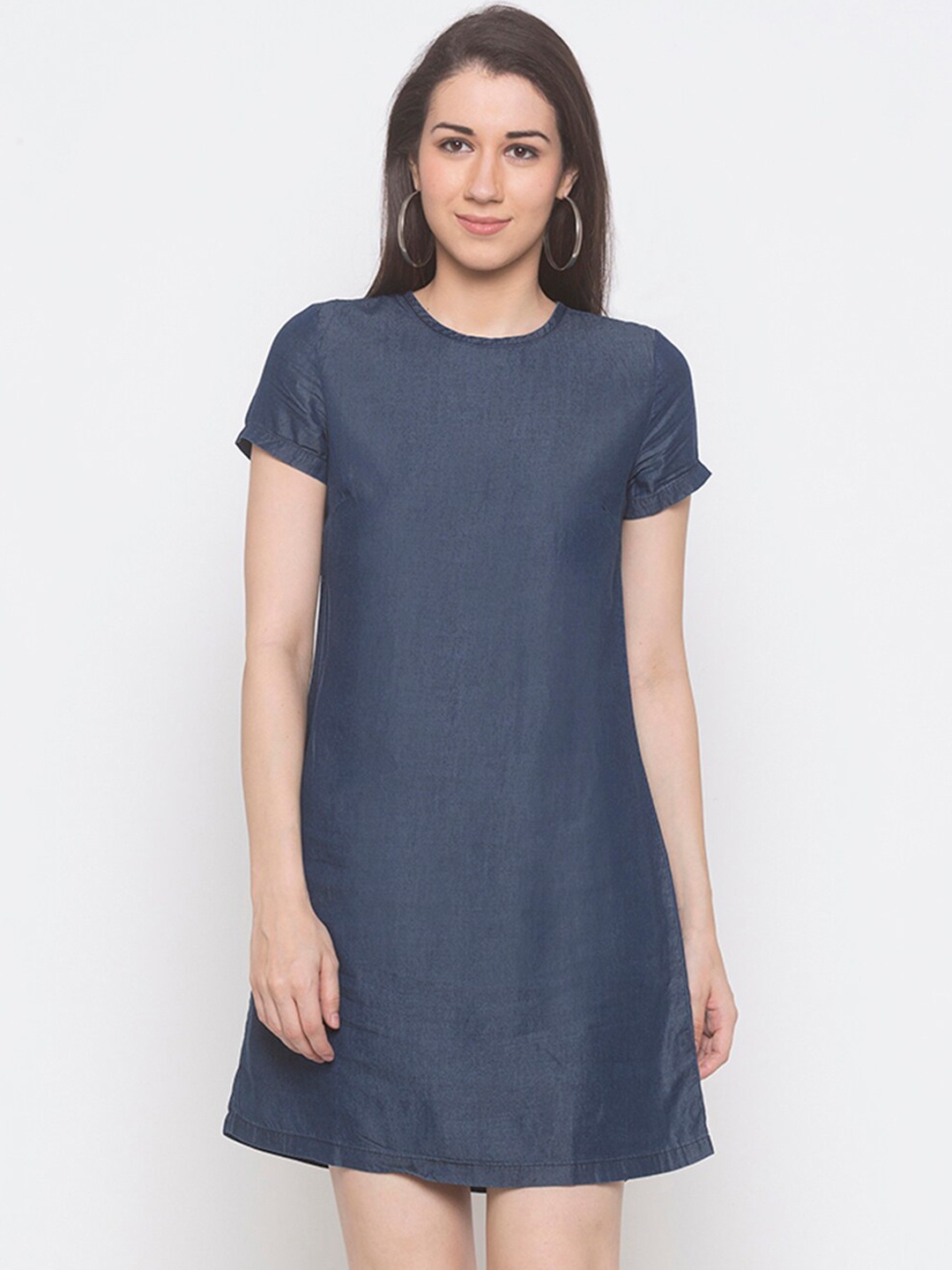 

Globus Women Navy Blue Solid Cotton A-Line Dress