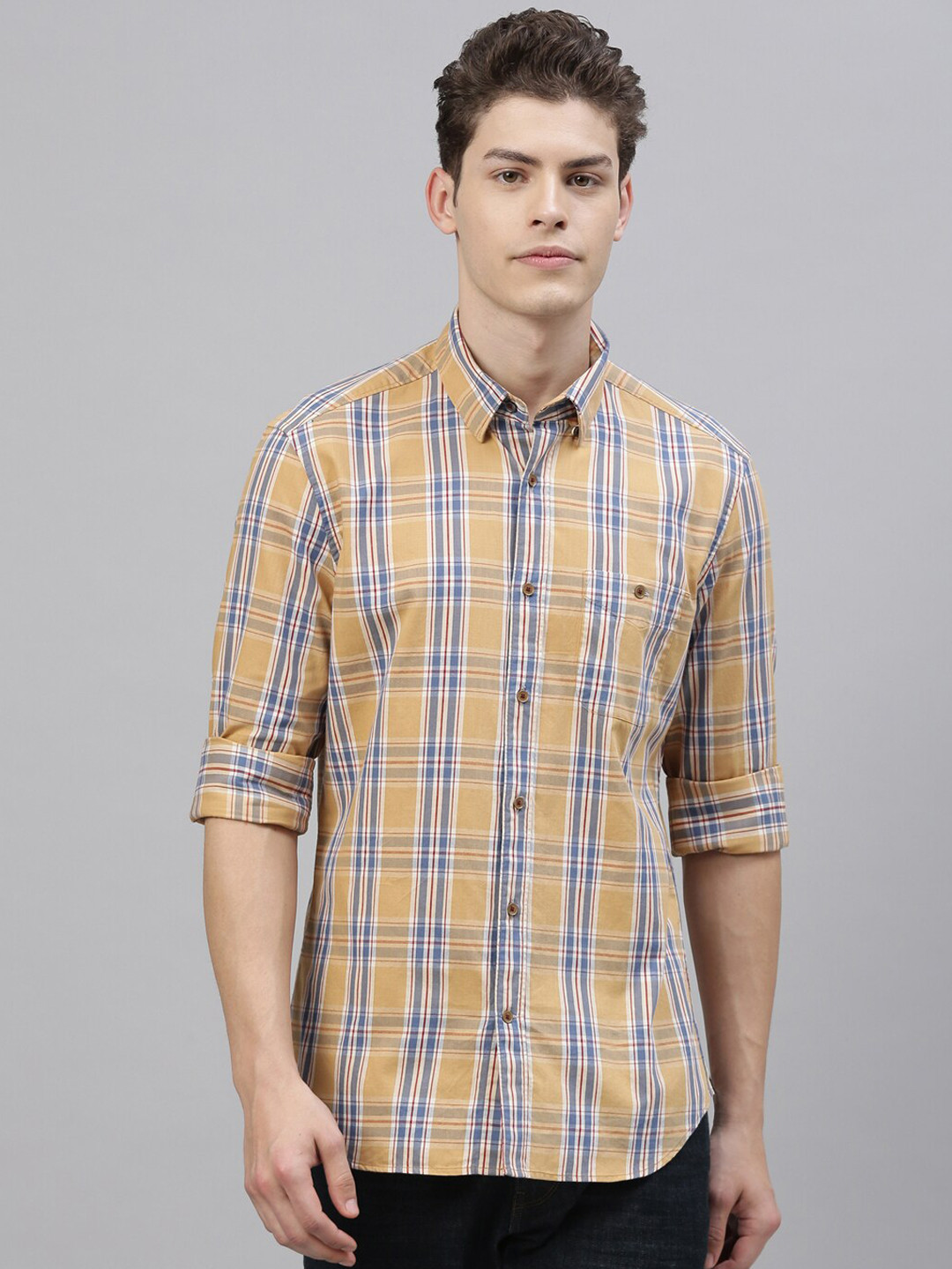 

RARE RABBIT Men Yellow & Navy Blue Tailored Fit Checked Casual Shirt