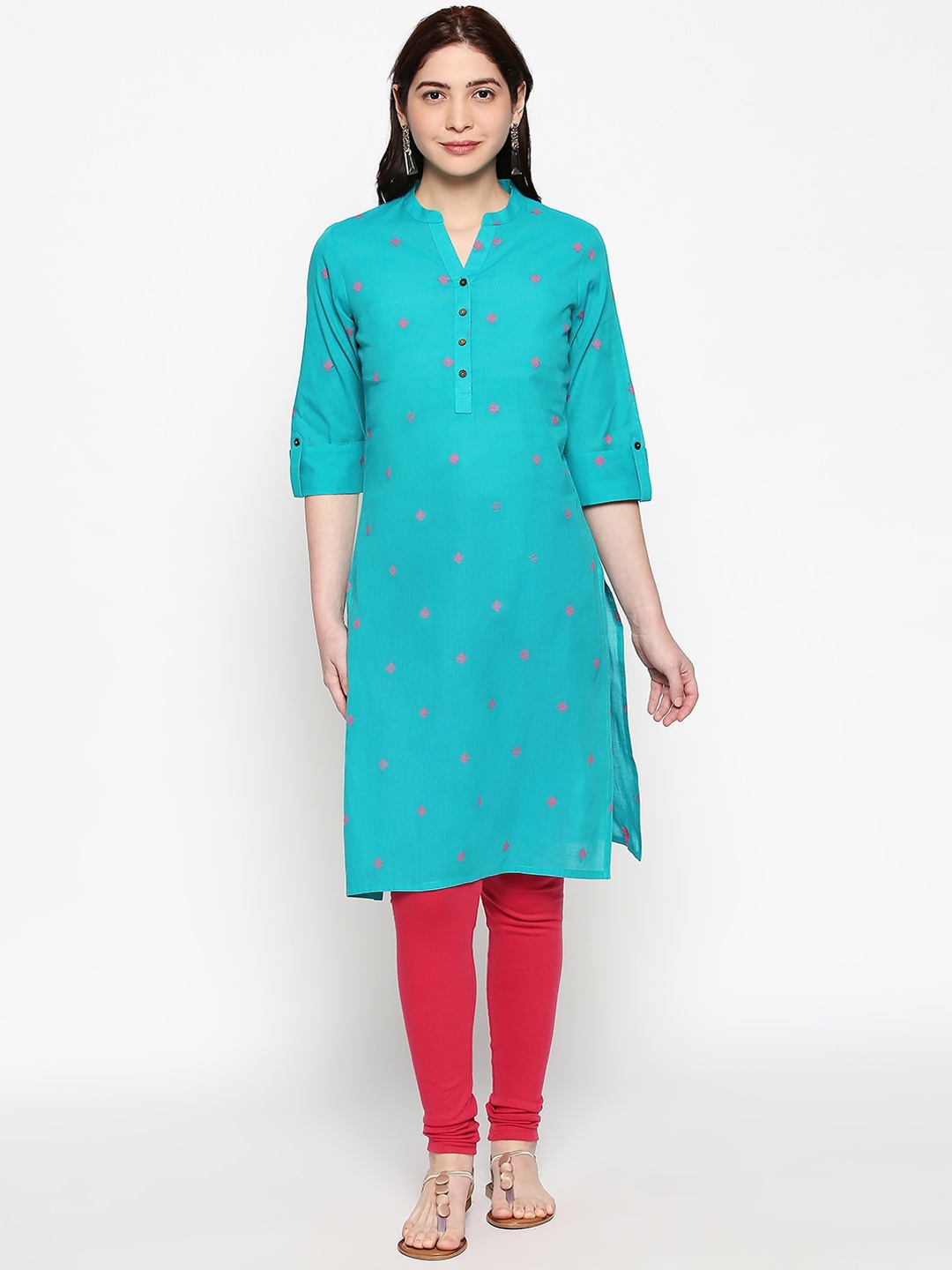 

RANGMANCH BY PANTALOONS Women Teal Woven Design Straight Kurta