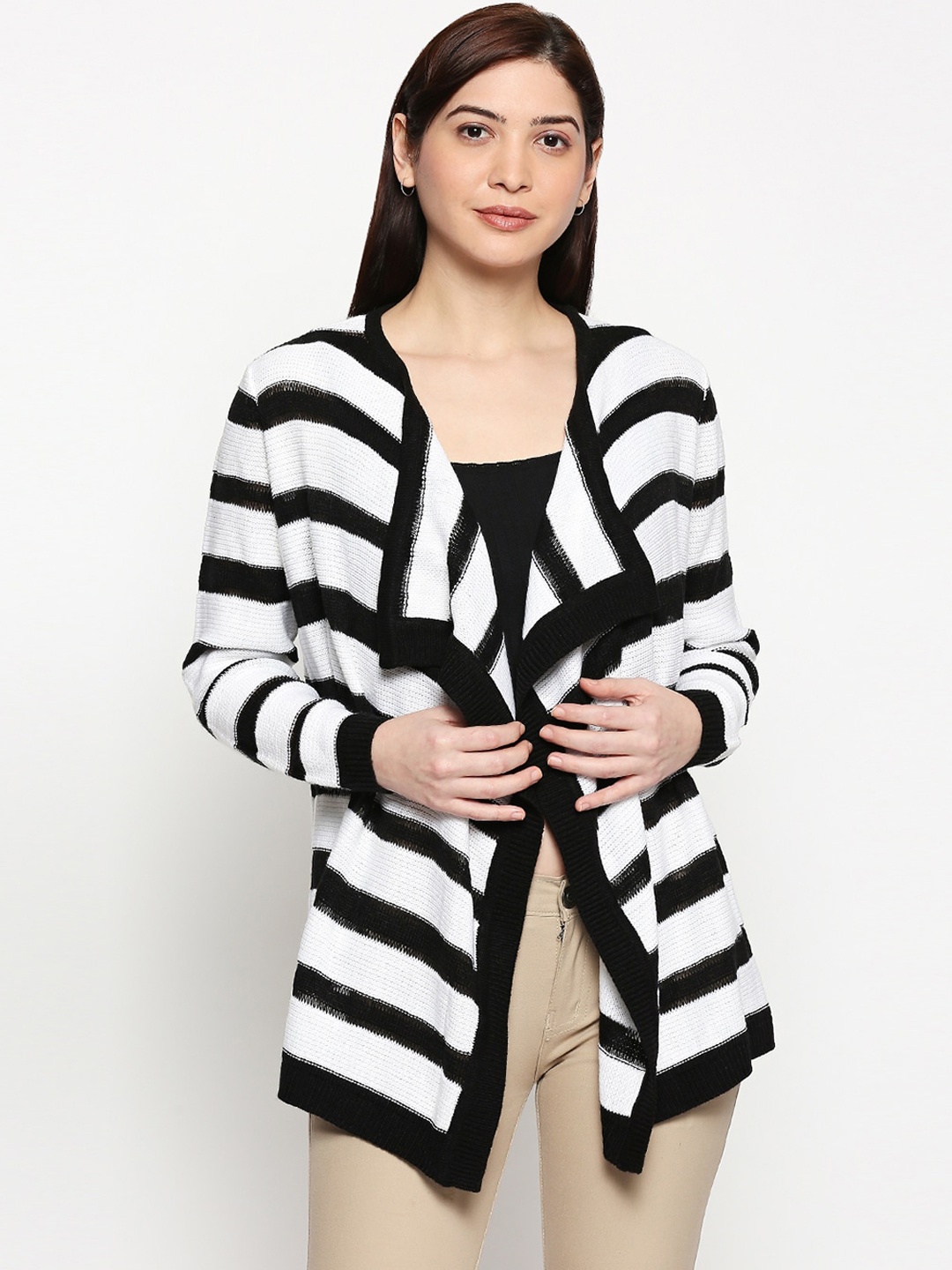 

Annabelle by Pantaloons Women Black & White Striped Front-Open Sweater