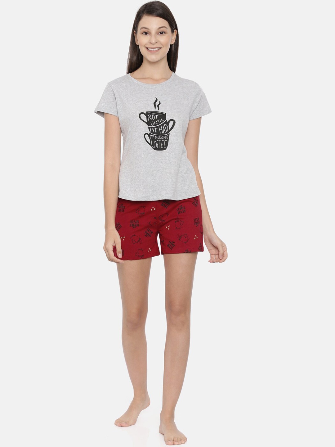 Curare Women Grey & Red Printed Night Suit