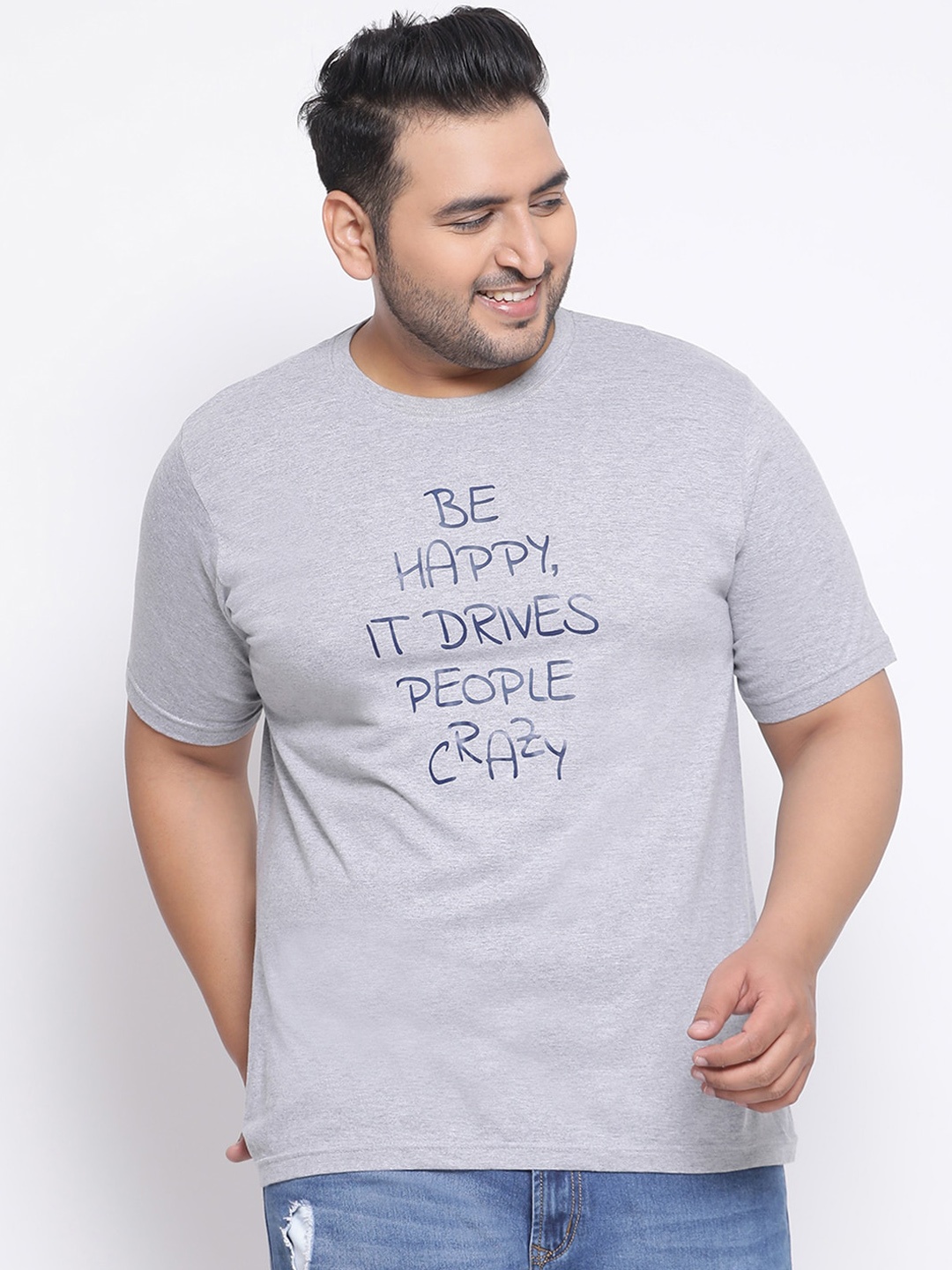YOLOCLAN Plus Size Men Grey Melange & Navy Blue Printed Round Neck T-shirt