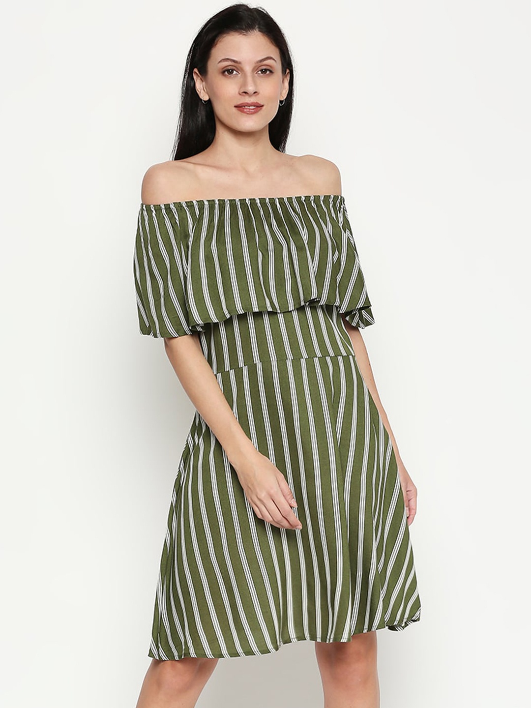 

Honey by Pantaloons Women Olive Green Striped A-Line Dress