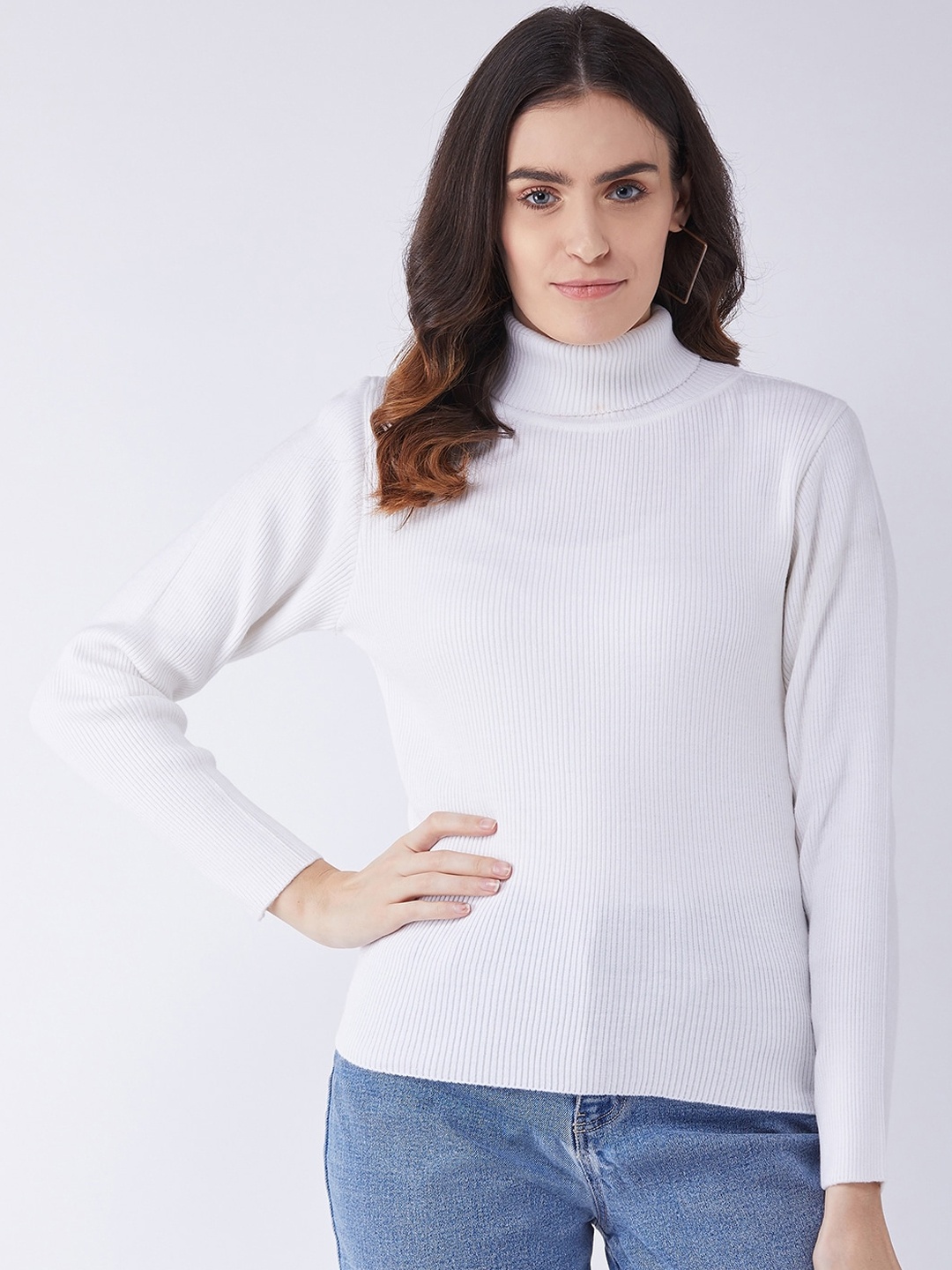 

RVK Women White Solid Pullover Turtle Neck Sweater