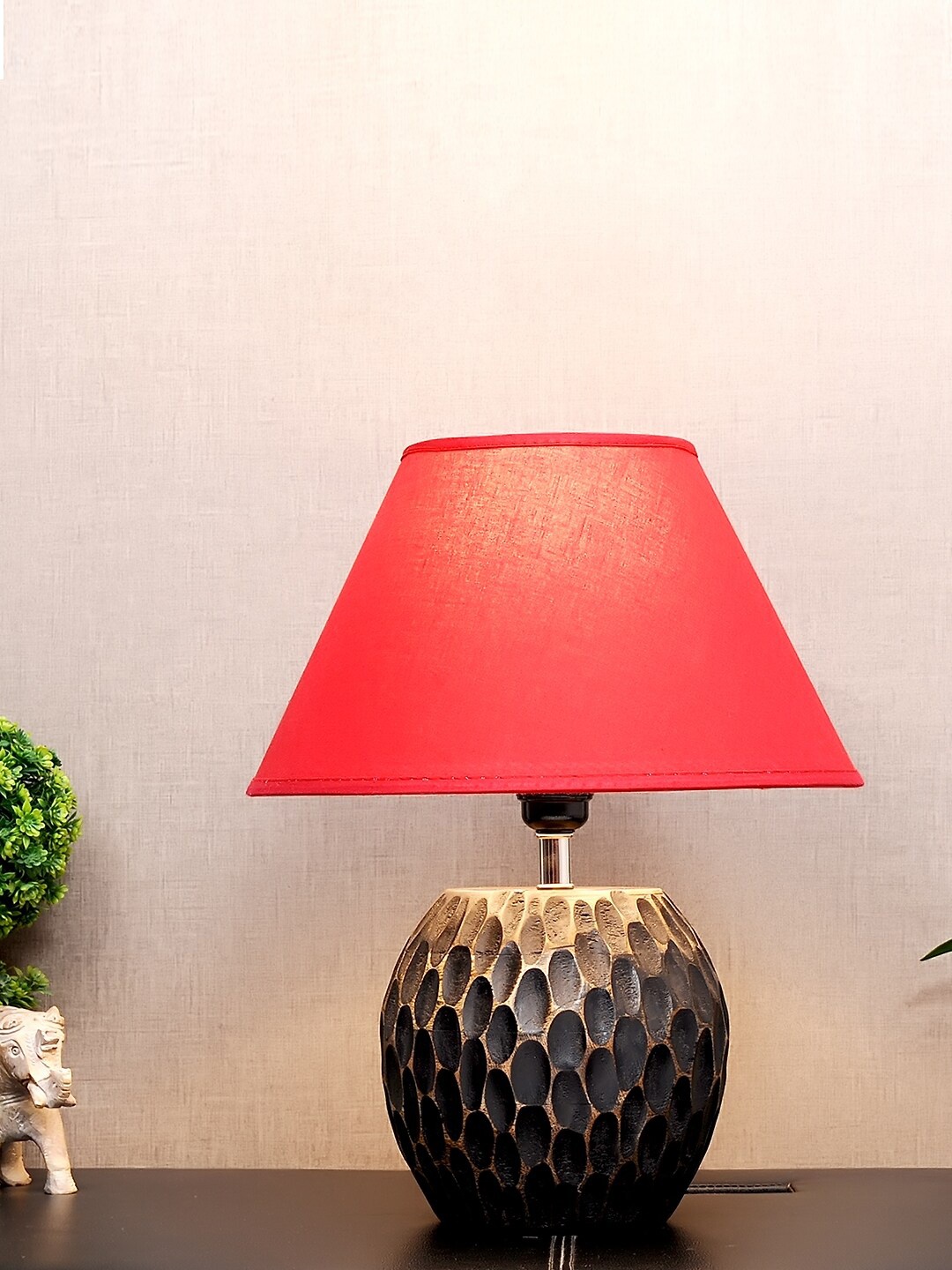 

THE LIGHT STORE Black Self-Design Bedside Standard Table Lamp With Red Shade