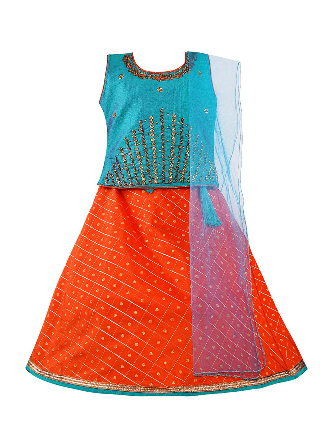 

Wish Karo Girls Turquoise Blue & Orange Embroidered Ready to Wear Lehenga & Blouse with Dupatta