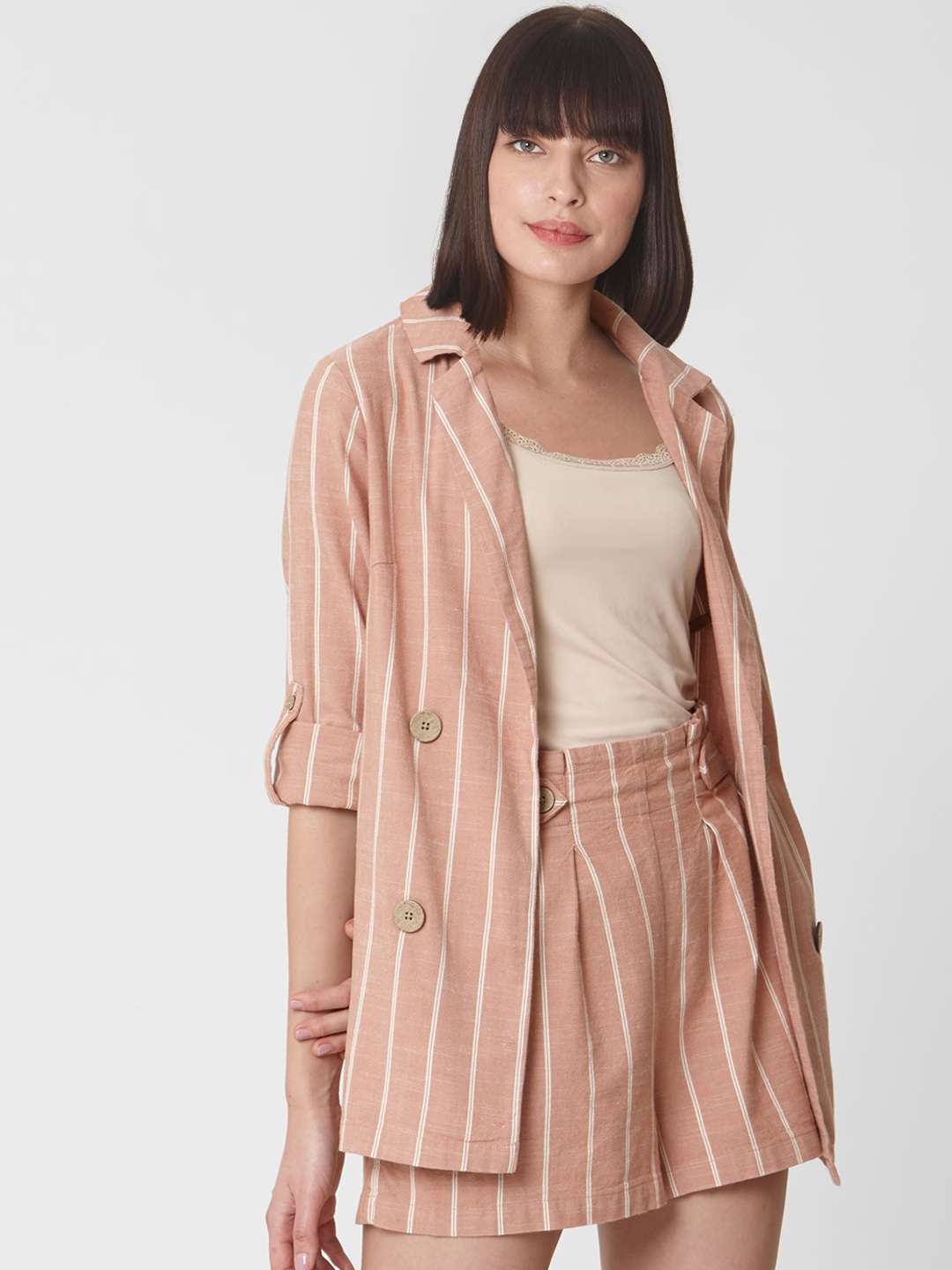 

Vero Moda Women Pink & White Striped Single-Breasted Casual Blazer