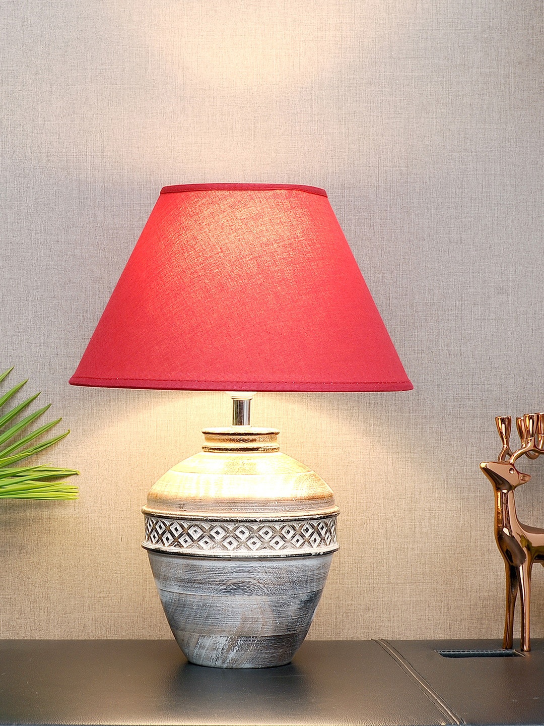 

THE LIGHT STORE Grey Solid Bedside Standard Table Lamp With Red Shade