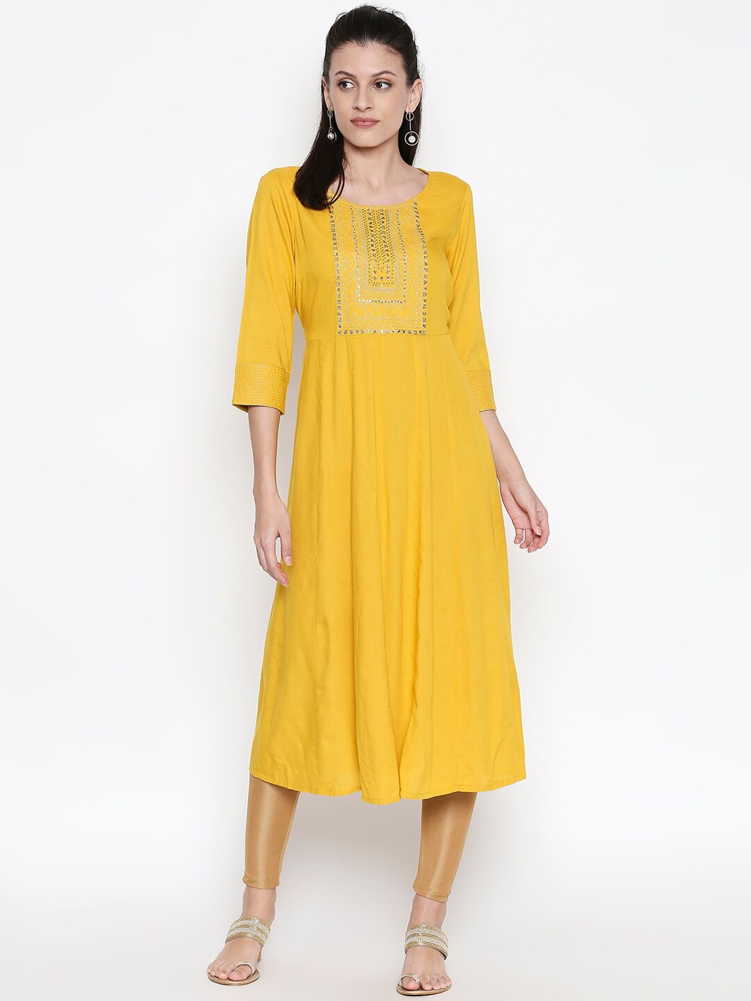 

RANGMANCH BY PANTALOONS Women Yellow Embroidered Anarkali Kurta