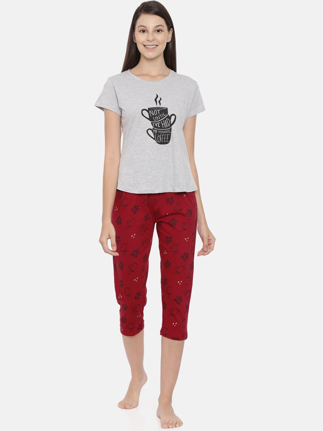 

Curare Women Grey & Red Printed Night suit