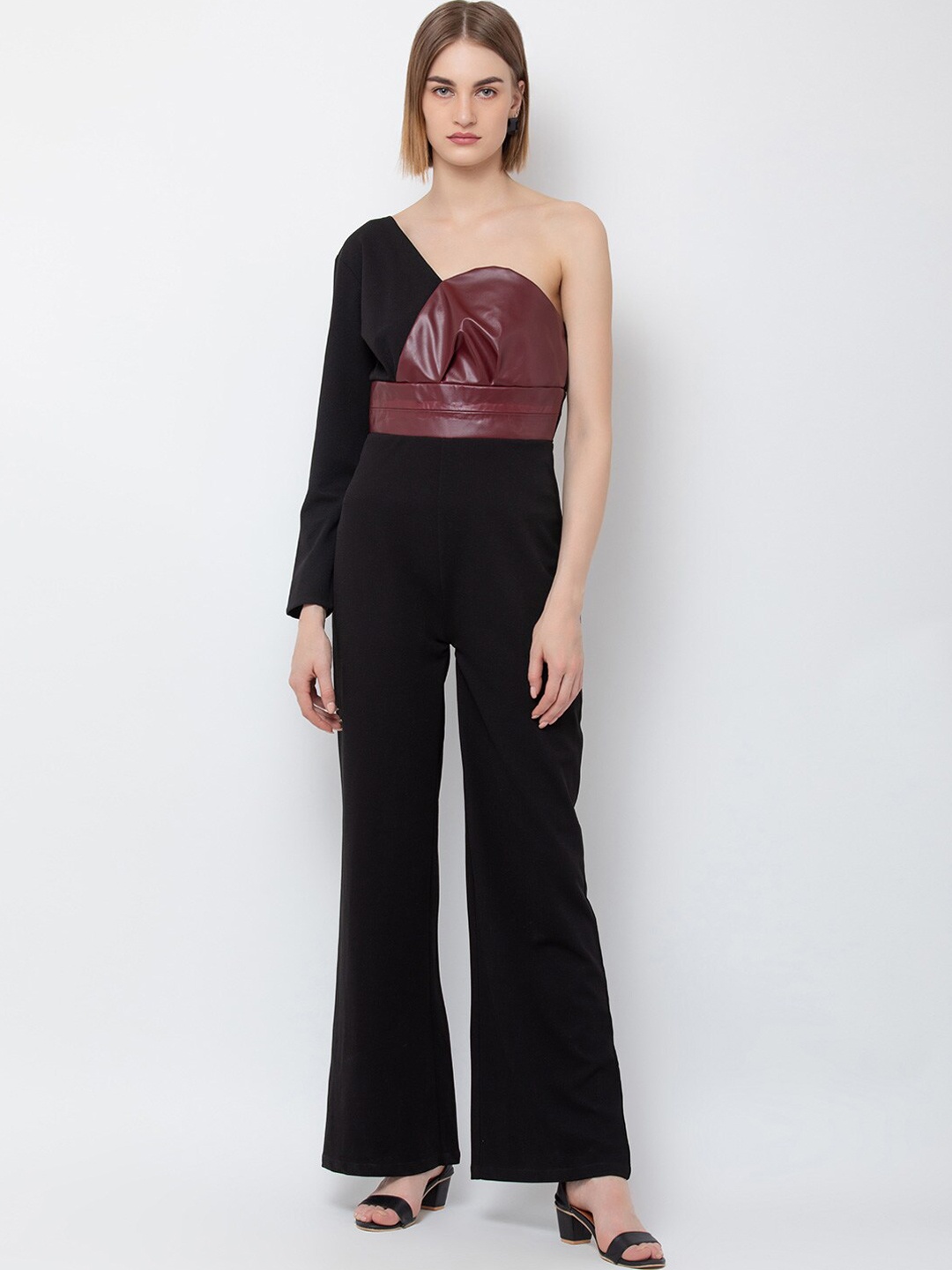 DODO & MOA Women Black & Burgundy Solid One Shoulder Basic Jumpsuit