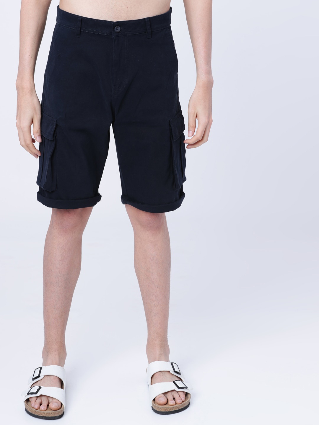 HIGHLANDER Men Navy Blue Solid Slim Fit Cargo Shorts