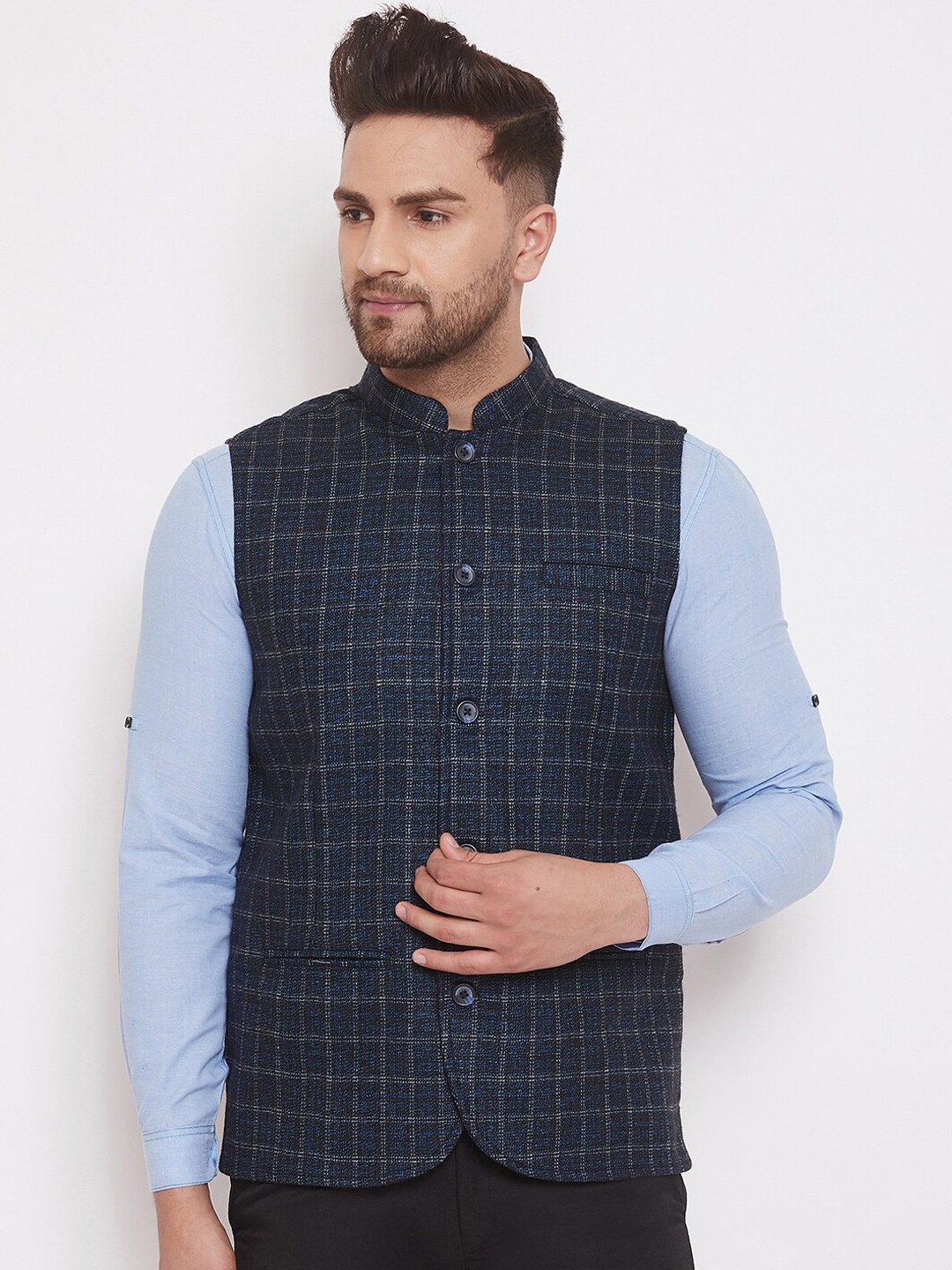

even Men Navy Blue Checked Pure Wool Nehru Jacket