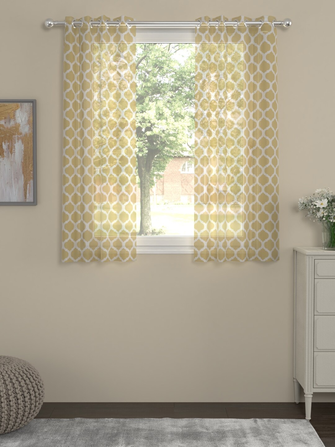 

ROSARA HOME Set Of 2 Yellow & White Geometric Print Voile Window Curtains