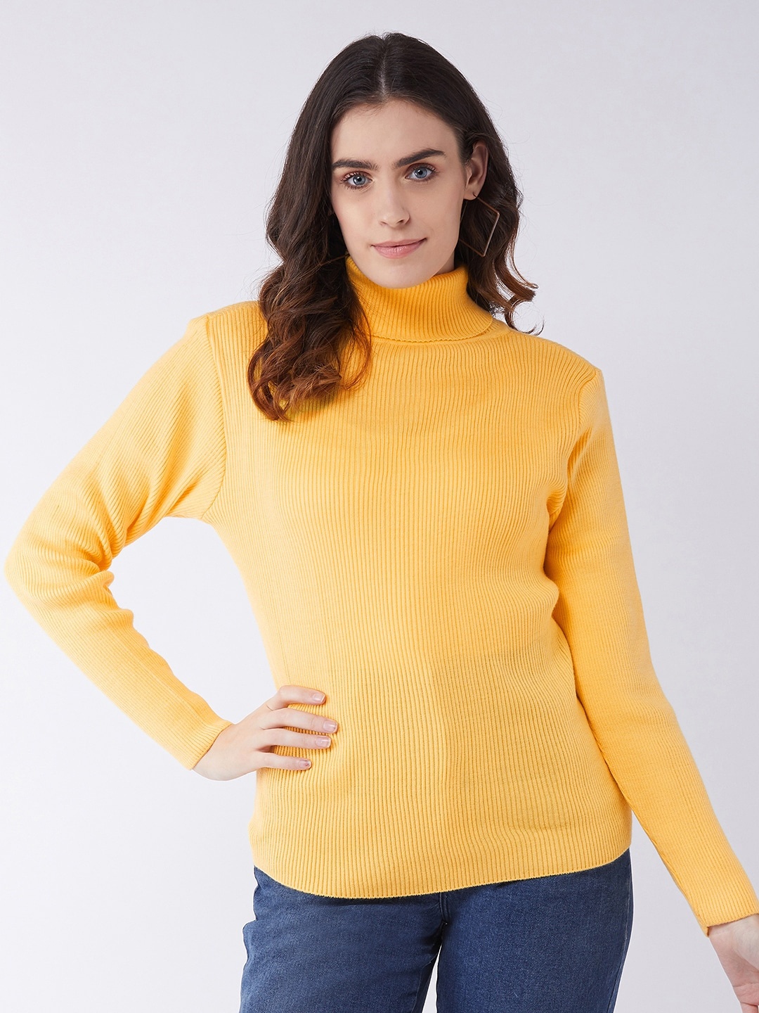 

RVK Women Yellow Ribbed Pullover Sweater
