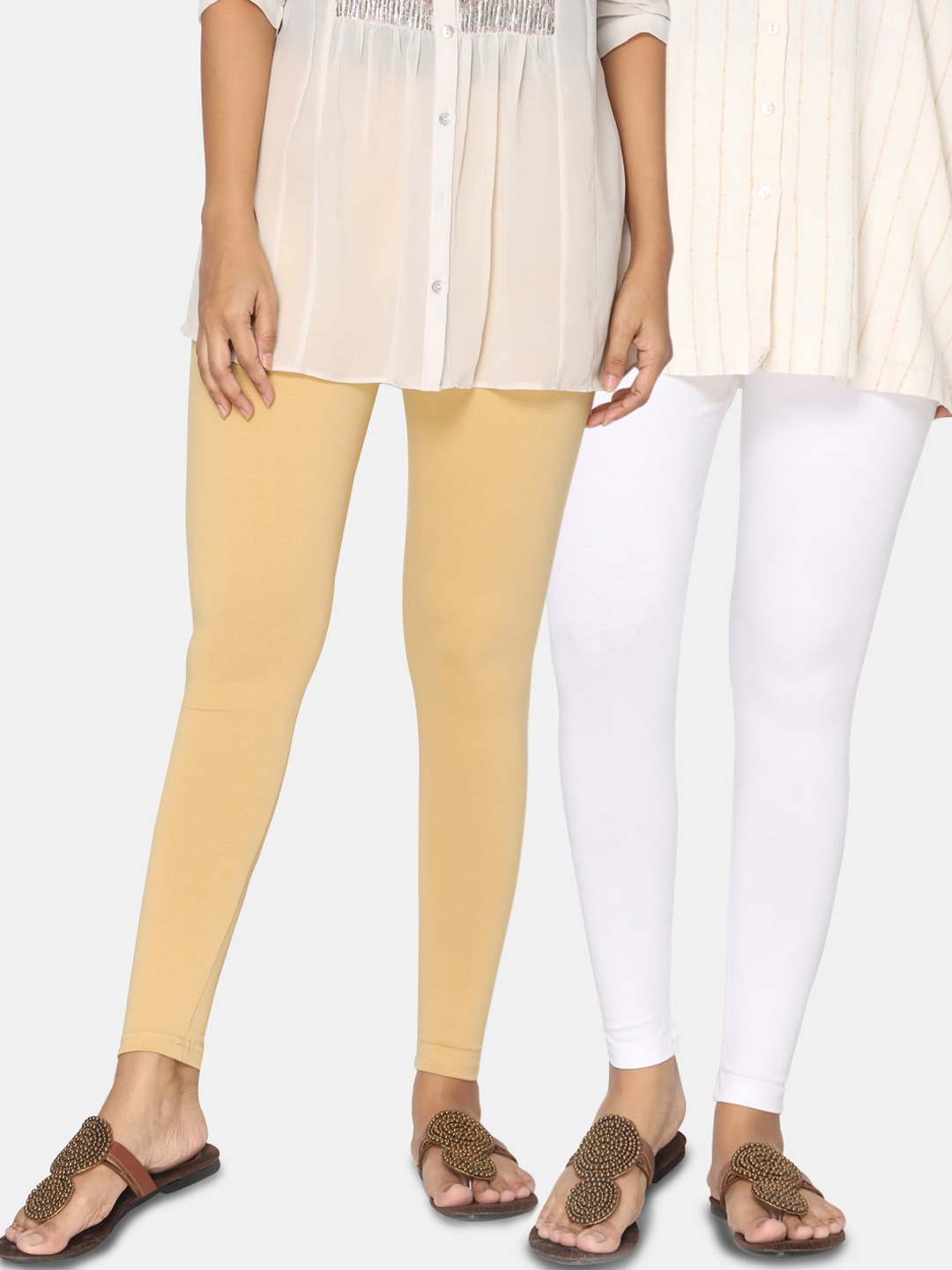 

TSG Bliss Women Pack Of 2 White & Beige Solid Ankle-Length Leggings
