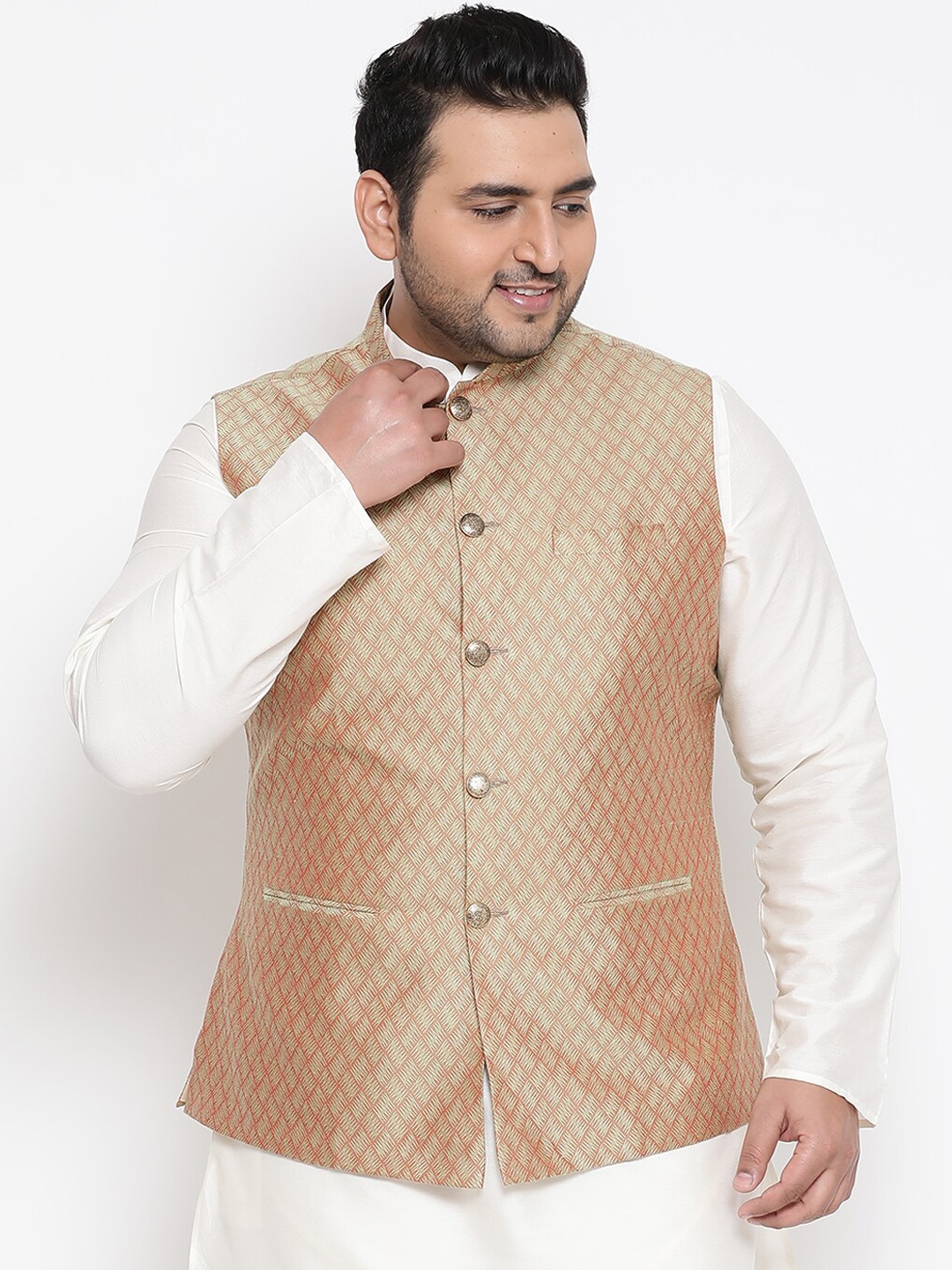 

KISAH PLUS Men Coral-Coloured Woven Design Nehru Jacket